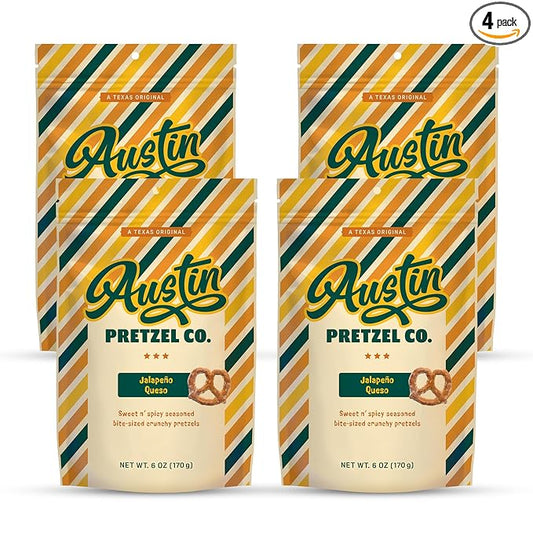 Jalapeño Queso Pretzels – 6 Oz Sweet n' Spicy Bite-Sized Snacks Packed with Real Cheese & Jalapeño Flavor – Crunchy, Snacky, Perfect for Sharing or Spicy Indulgence (Pack of 4)