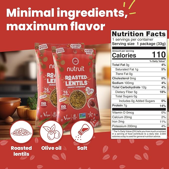 Nutruit Roasted Lentil Snacks - Tasty Sriracha Healthy Snacks - Vegan, Gluten Free, Non-GMO, High Protein, Healthy On-The-Go, Low Calorie Lentils Snacks - 1.2oz Packs (20-Pack)