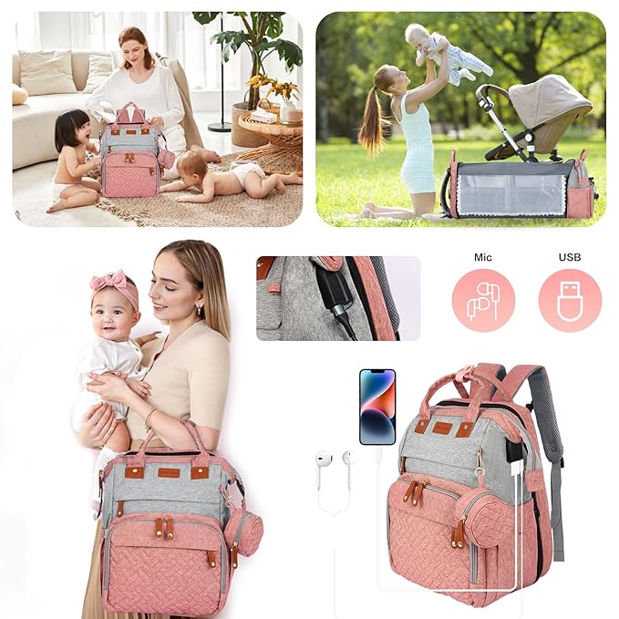 JOYCE Diaper Bag Backpack, with Changing Table Backpack, 900D Oxford Cloth, Large Capacity Diaper Backpack, 3 in 1 Multifunctional Travel Baby Diaper Backpack (pinkish gray)