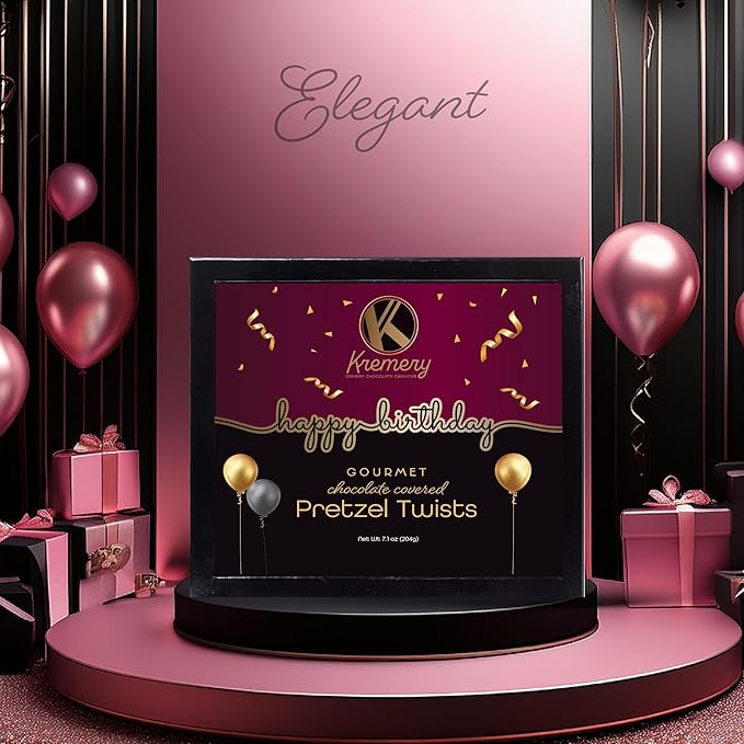 KREMERY Creamy Chocolate Cravings - Birthday Treats, Chocolate Covered Pretzel Twists Gift Basket, in Sectional Gift Box + Greeting Card (12 Pretzels, Assorted Sweet Toppings) Food Assortments USA Made