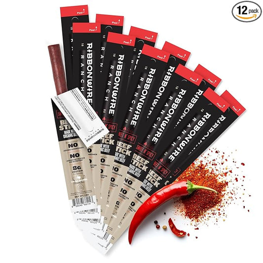 Ribbonwire Ranch Beef Jerky Snack Sticks - Made with Organic Beef, Pasture Raised, High Protein Snack - Healthy, Low Carb, Gluten-Free, Nitrate Free, Perfect for On-the-Go & Keto Diets (1 Count (Pack of 12), Sweet N Spicy)