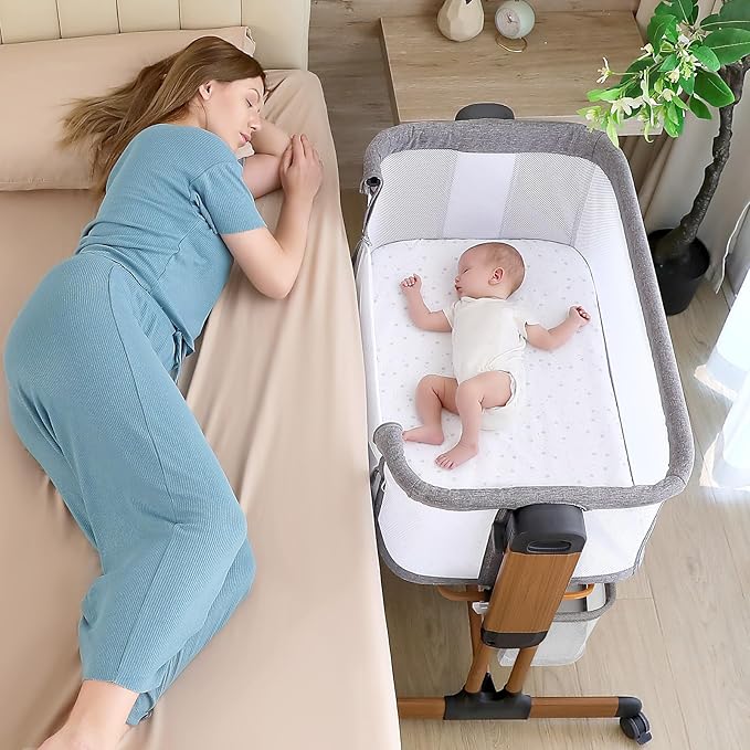 Ezebaby 3-in-1 Rocking Bassinet for Baby Adjustable Baby Bassinets Bedside Sleeper with Wheels Storage Basket and Mesh Sides for Newborn Infant