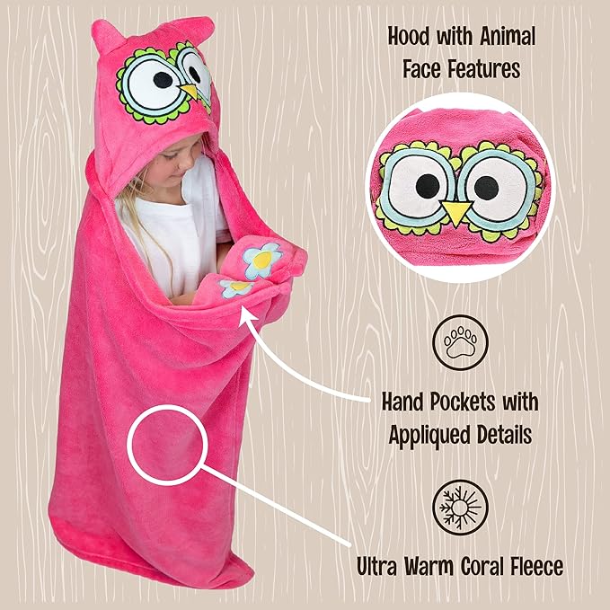 Lazy One Wearable Hooded Blanket for Kids, Animal Hooded Blanket (Owl)