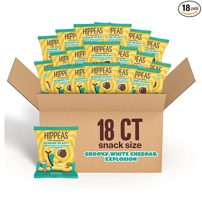 Hippeas Chickpea Puffs, Flavor Blast: White Cheddar Explosion, 0.75 Ounce (Pack of 18), 3g Protein, 2g Fiber, Vegan, Gluten-Free, Crunchy, Plant Protein Snacks