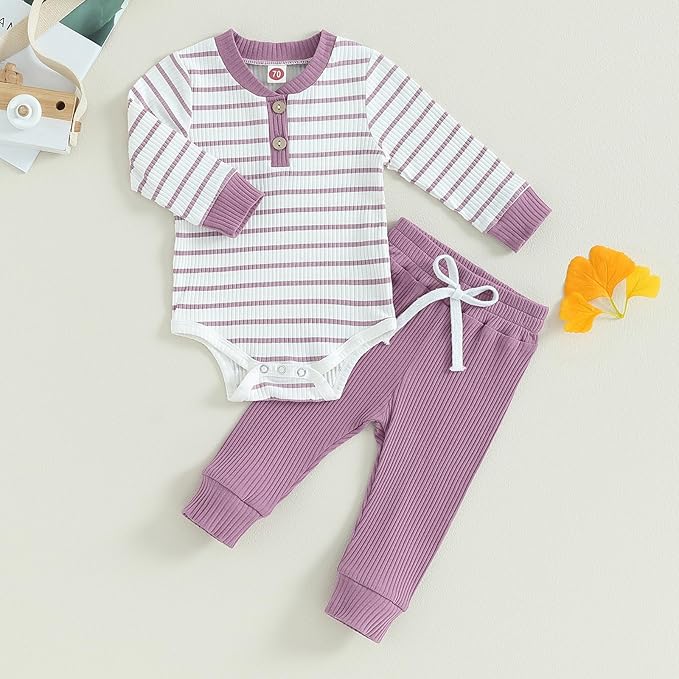 Newborn Baby Boy Girl Clothes Ribbed Knitted Long Sleeve Romper Pants Solid Cotton Infant Fall Winter Outfits 2Pcs