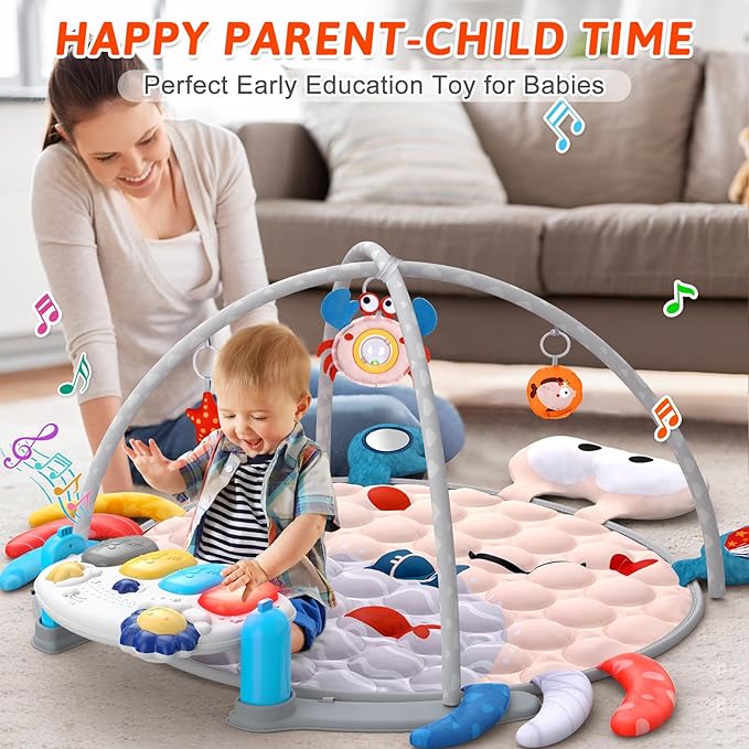 Baby Play Mat Baby Toys Tummy Time Mat for Newborn Infant Toy Piano Music & Light with 5 Toy Musical Activity Center Baby Boy Girl Gifts Toys for Baby Toys 3 6 9 12 Months, Crab Theme