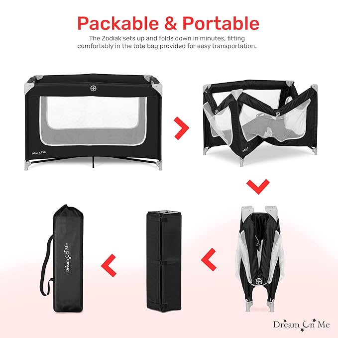 Dream On Me Zodiak Portable Playard in Black, Lightweight, Packable and Easy Setup Baby Playard, Breathable Mesh Sides and Soft Fabric - Comes with a Removable Padded Mat
