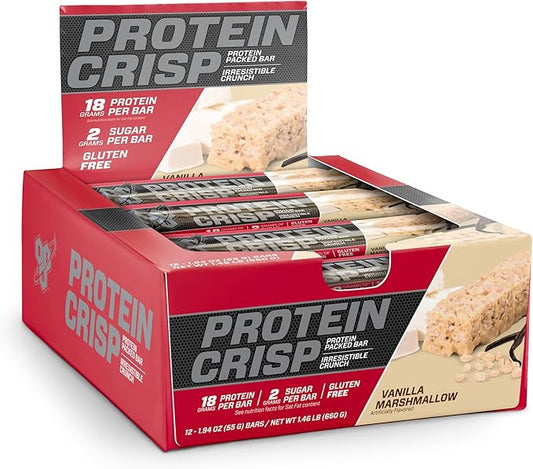 BSN Protein Bars - Protein Crisp Bar by Syntha-6, Whey Protein, 20g of Protein, Gluten Free, Low Sugar, Vanilla Marshmallow, 12 Count
