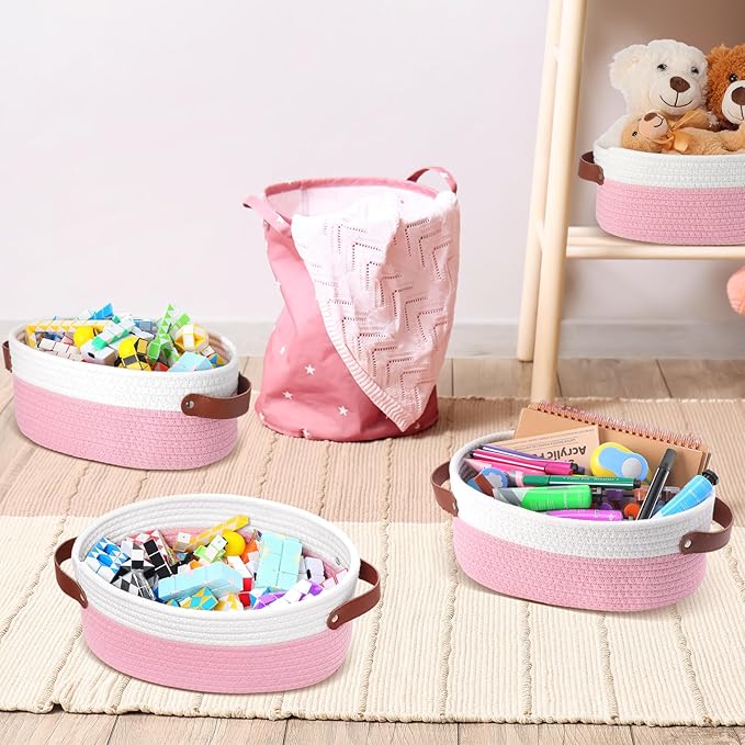 Colingmill 3 Pack Small Woven Basket for Gifts with Handles Clear Bags and Ribbons Empty Storage Basket Decorative Chest Box for Halloween Thanksgiving Day Birthday(White and Pink,12"x 8"x 5")