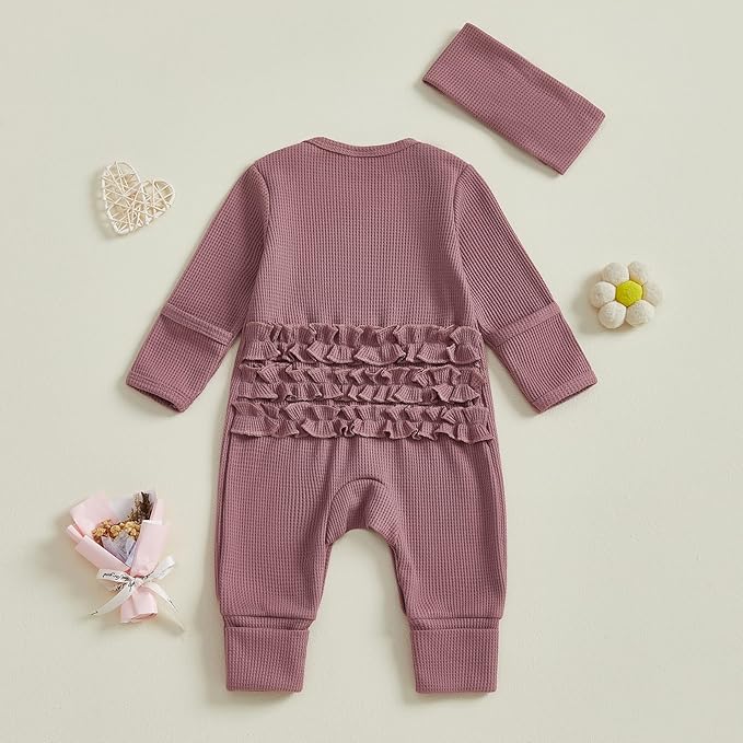 Newborn Girl Clothes Baby Girl Coming Home Outfit Zipper One-piece Outfits Ruffle Footie Bodysuit Jumpsuit Headband