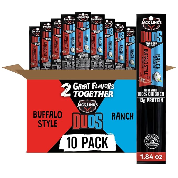 Jack Link's DUOs Chicken Jerky Meat Snack Sticks with 13g Protein - Frank's RedHot Buffalo Style With Creamy Ranch, Made with 100% Chicken, Two Flavors in One Package, 1.84oz (10 Pack of 2 Sticks)