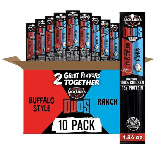 Jack Link's DUOs Chicken Jerky Meat Snack Sticks with 13g Protein - Frank's RedHot Buffalo Style With Creamy Ranch, Made with 100% Chicken, Two Flavors in One Package, 1.84oz (10 Pack of 2 Sticks)