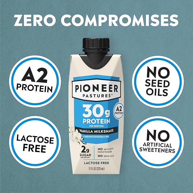 Pioneer Pastures - High Protein A2 Milkshakes - Vanilla - A2 Nutritional Milk, 30g Protein, 2g Sugar, No Sweeteners, No Seed Oils - All-Natural, Breakfast Shake, Meal Replacement, Workout - 11oz, 12 Pack
