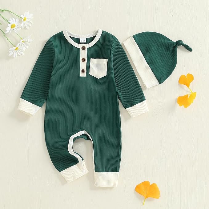 fhutpw Newborn Baby Boy Clothes Ribbed Knit Bodysuit 3 6 Months Infant Fall Long Sleeve Splicing Color Romper Jumpsuit & Hat