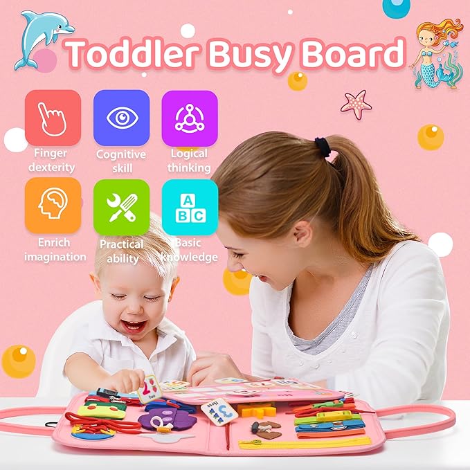 Preschool Learning Board for Toddlers 2-4, Montessori Busy Books for 1-4 Years, Sensory Busy Board for Travel Gift (Mermaid)