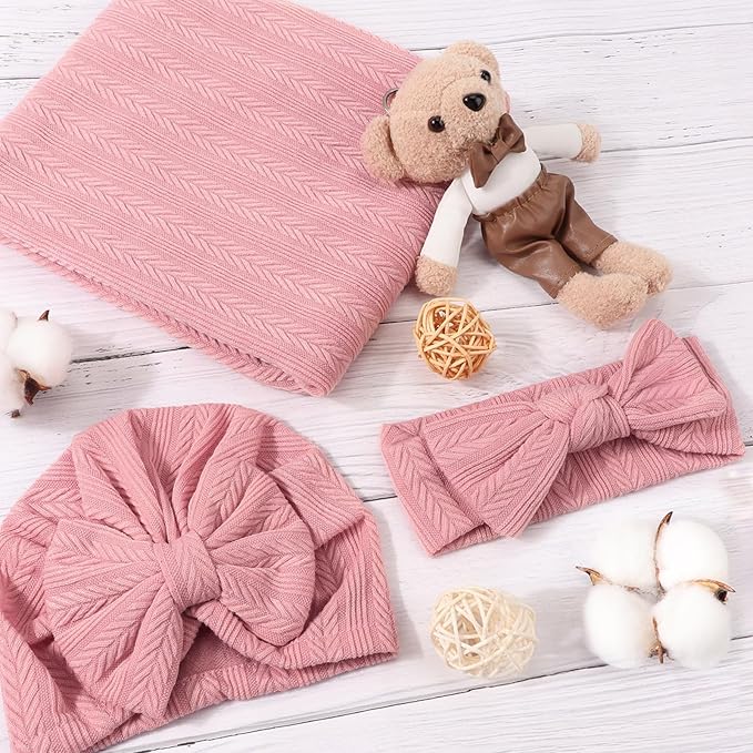 Newborn Receiving Blanket with Bow Hat Headband Wooden Card Set Wheat-Pattern Newborns Toddler Baby Boy Girl Nursery Swaddle Wrap