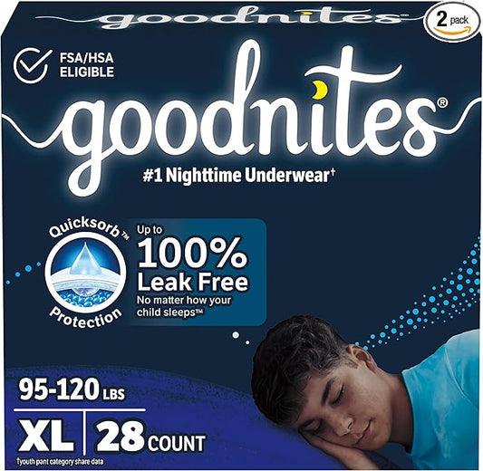 Goodnites Boys' Nighttime Bedwetting Underwear, Size Extra Large (95-120 lbs), 28 Ct (2 Packs of 14), Packaging May Vary