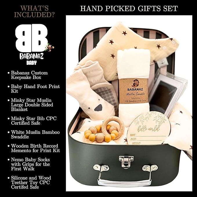 Baby Gift Set Boy or Girl - Baby Shower Basket Suitcase with Large Plush Blanket, Muslin Swaddle, Natural Teether, Wood Birth Record, Hand & Foot Print Kit, Nemo Socks, Baby Gift, Unisex Forest Green