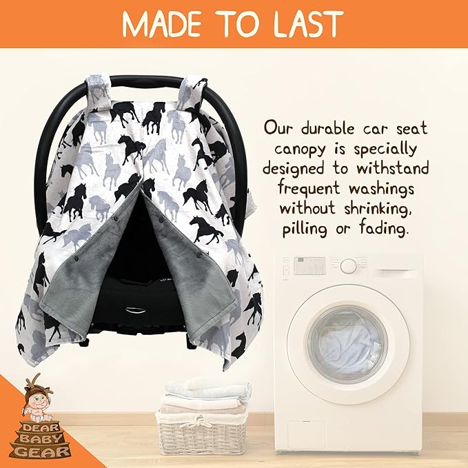 Dear Baby Gear Car Seat Cover for Boys & Girls - Baby Carseat Canopy w/Snap Opening - Infant Seat Cover - Stroller & Nursing Covers - Newborn Carrier Canopy - 40x30" (Black and Gray Horses)