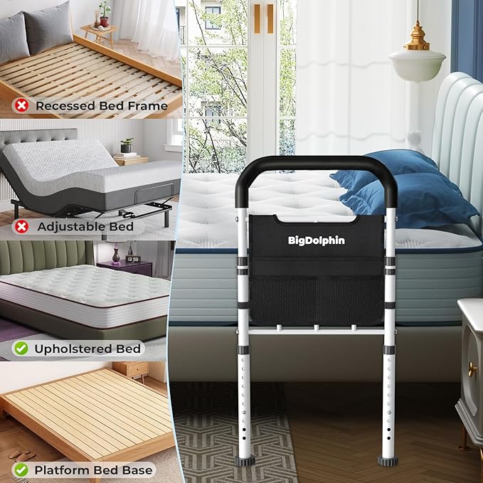 Bed Rails for Elderly Adults Safety - ASTM-Certified Adjustable Bed Cane with Non-Slip Ergonomic Handle & Storage Pocket, 2026 Upgrade 400 LBS Stable Bed Assist Rails for Seniors, Tool-Free