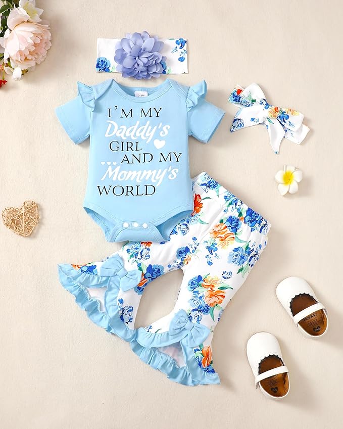 SUNNY PIGGY Newborn Baby Girl Clothes Infant Outfits Romper Floral Fall Outfit Bell Bottoms Pant Sets Hat Headband Flowerpant