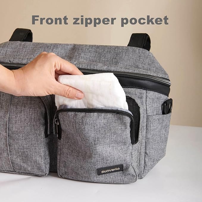 SUNVENO Universal Stroller Organizer Caddy, 2 Cup Holders, Multiple Pockets & Shoulder Strap — Fits Most Strollers