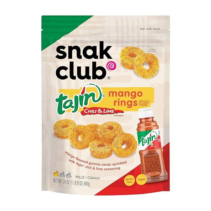 Snak Club Tajin Mango Rings Gummy Candy, Fruit Candy Gummies with Chili and Lime Seasoning, Mild, Gluten-Free and Vegan Snacks, 24 oz Resealable Bag