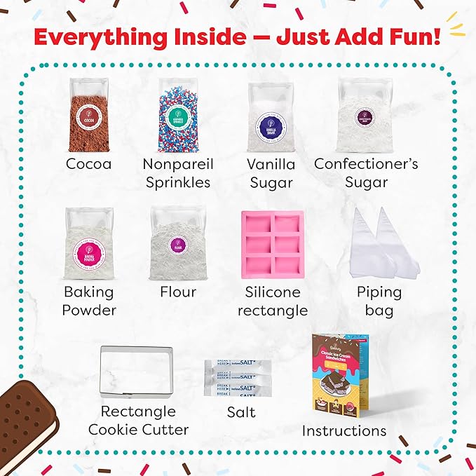 Baketivity Classic Ice Cream Sandwiches Kids Baking Kit - Cooking Kit for Kids with Premeasured Ingredients STEM Recipe Book and Lessons - Great Gift for Girls and Boys Ages 6-12