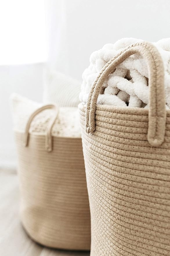 OrganiHaus Large Woven Baskets for Storage 15x18, Cotton Rope Baskets for Storage, Tall Blanket Basket for Living Room, Nursery Laundry Basket, Big Basket for Toys, Basket For Blankets, Honey