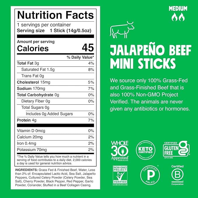 Chomps Snack Size Grass-Fed and Finished Jalapeño Beef Jerky Snack Sticks 0.5oz 24-Pack - Keto, Paleo, Whole30, 4g Lean Meat Protein, Gluten-Free, Zero Sugar Food, Non-GMO Chomplings