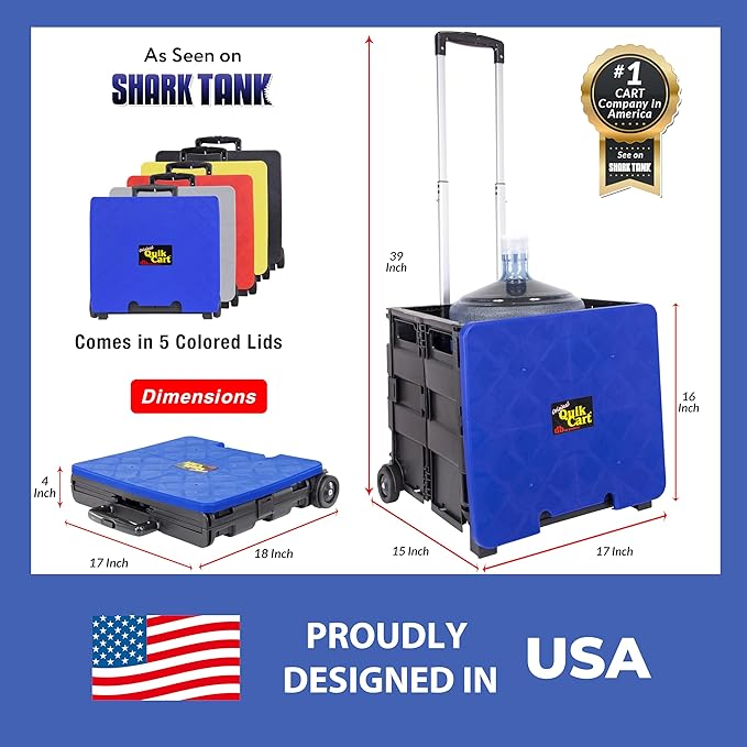 dbest products Quik Cart Collapsible Rolling Crate on Wheels for Teachers Tote Basket, 80 lbs Capacity, Blue Lid Made from Heavy Duty Plastic and used as a Seat