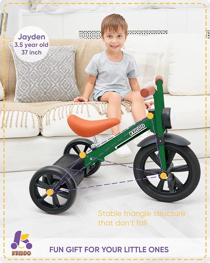 KRIDDO Kids Tricycles Age 2 Years to 5 Years, 12 Inch Puncture Free Rubber Wheel w Front Light, Adjustable Seat Height, Gift Toddler Tricycles for 2-5 Year Olds, Trikes for Toddlers, Green