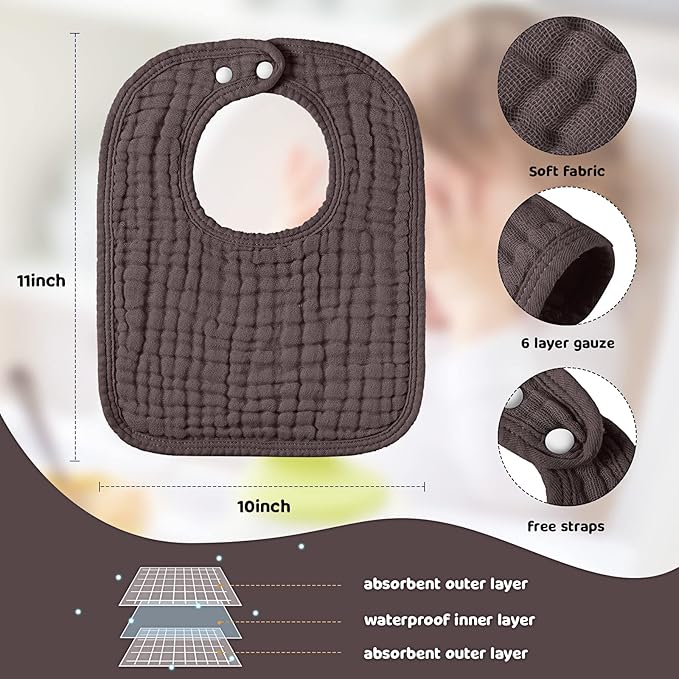 Tallew 8 Pack Baby Bibs and Muslin Burps for Baby Boy Girl Drooling and Teething 20" x 10" Burp Cloths Absorbent Rag Soft Cotton Bibs for Newborn Toddler Infant 0-24 Month Essentials(Dark Color)