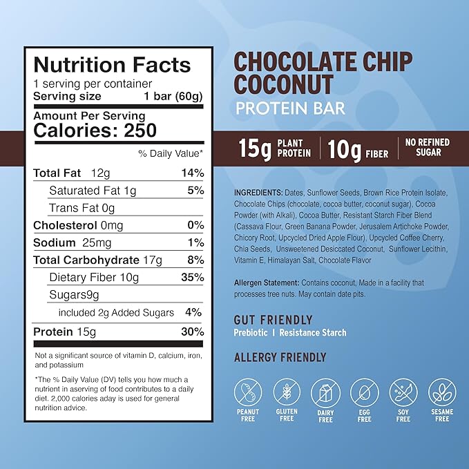 Amrita Nut Free Vegan Protein Bars (12 CT) | Chocolate Chip Coconut 15g Plant-Based Protein Bar | Peanut-Free, Gluten Free, and Dairy-Free | No Added Sugar, High Fiber, Healthy Snacks for Kids/Adults