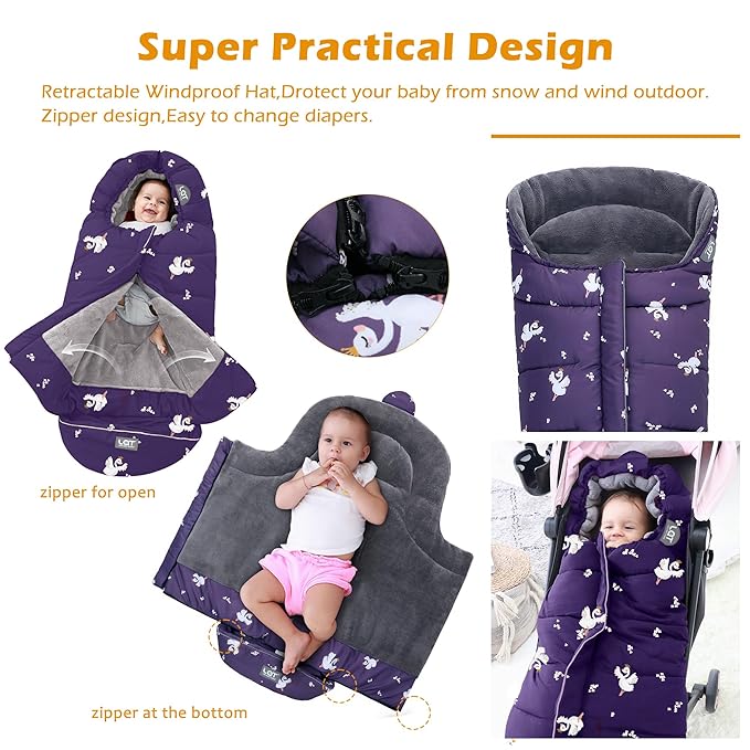 LAT Baby Warm Bunting Bag Universal,Stroller Sleeping Bag Cold Weather,Waterproof Toddler Footmuff(Basic,Purple Swan)