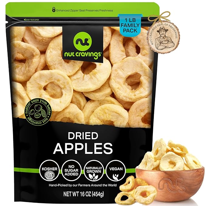 NUT CRAVINGS - Dried Apple Rings Slices, No Sugar Added - Chewy Soft Texture (16oz, 1 LB) Bulk Dry Fruits Packed Fresh in Resealable Bag - Sweet Healthy Snack, Naturally Grown, Vegan, Kosher