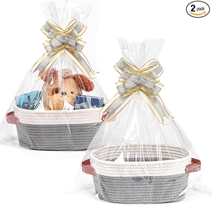 CHEPULA 2 Pack Woven Basket with Gift Bags and Ribbons, Gift Basket Empty for Organizer Baby Shower, Holiday Presents, Wedding, Storage Basket for Nursery (A-Grey White)