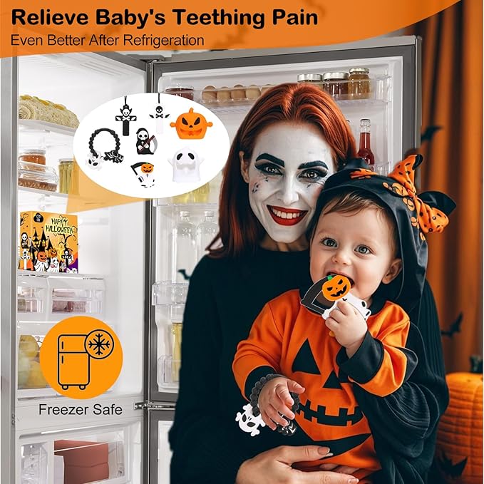 Halloween Baby Teething Toys Set 7Pack: Teething Mittens, Ring & Flat Teethers, Sensory Chew Necklaces – Ideal Gift for Newborns, Infants & Toddlers – Perfect Baby’s First Halloween Basket Stuffer
