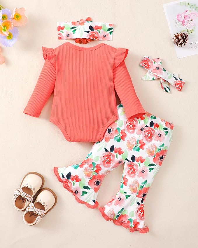 SUNNY PIGGY Newborn Baby Girl Clothes Infant Outfits Romper Floral Fall Outfit Bell Bottoms Pant Sets Hat Headband Flowerpant