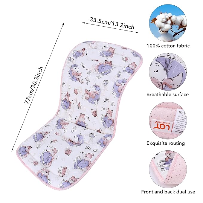 Baby Stroller Cushion,Infant Car Seat Insert-Reversible Universal Breathable and Soft Newborn Stroller Mat,100% Cotton Cover Toddler Seat Pad Liner-34x78cm,1 Pack(Fox+Pink Dots)