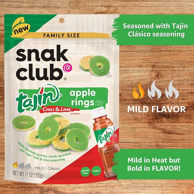 Snak Club Tajin Apple Rings, Sweet & Tasty Gummy Snacks, 11oz Family Size, Resealable Bag, 6 Count