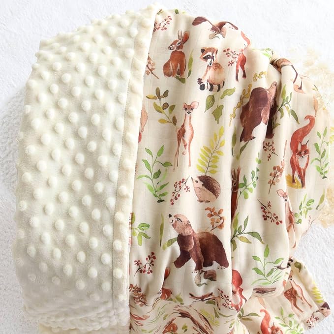 LifeTree Baby Blankets for Boys Girls, Soft Double Layer Swaddle Blankets, Muslin Front and Dotted Fleece Backing Receiving Bed Throw Blanket for Newborn Unisex, 31X40 Inches, Woodland