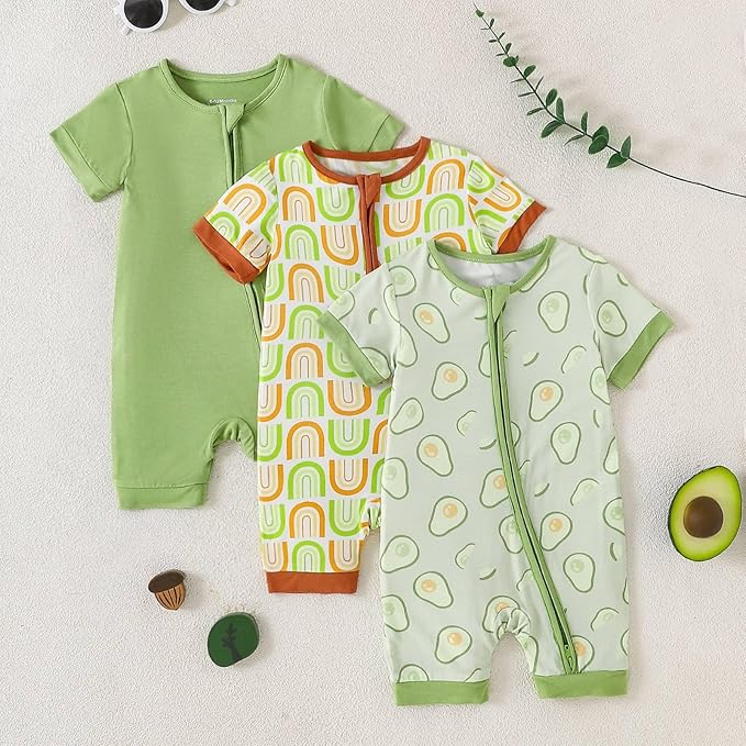 OPAWO Bamboo Baby Pajamas 3 Pack, Double Zipper Bamboo Sleepers for Baby Boy Girl Romper, Toddler Summer Clothes Outfit 0-24M