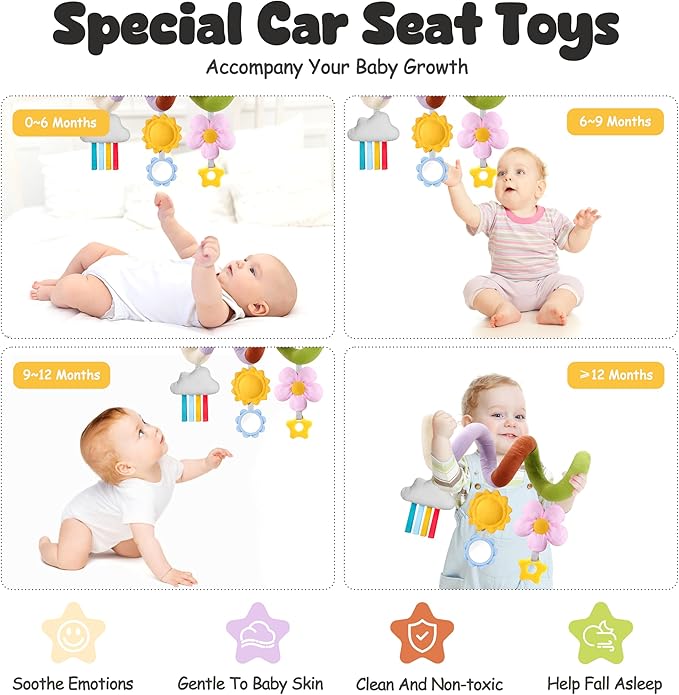 Stuffed Spiral Baby Car Seat Toys, Beat Newborn Gifts, Soft Infant Must Have Hanging Toys (Vibrant Nature)
