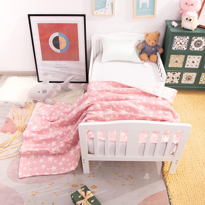 NTBAY 3 Layer Oversized Muslin Cotton Toddler Blanket, 45x60 Inches Jacquard Reversible Nursery Bed Blanket, Super Soft and Thermal Crib Blanket for All Seasons, Baby Gift, 45"x60", Pink/White Star