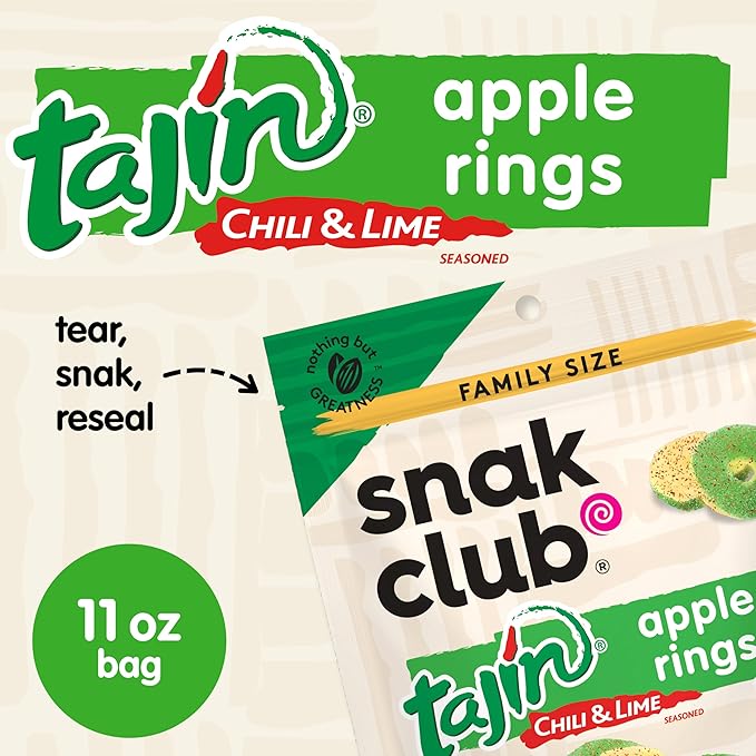 Snak Club Tajin Apple Rings Gummy Candy, Fruit Candy Gummies with Chili and Lime Seasoning, Mild, Gluten-Free and Vegan Snacks, 11 oz Resealable Bag