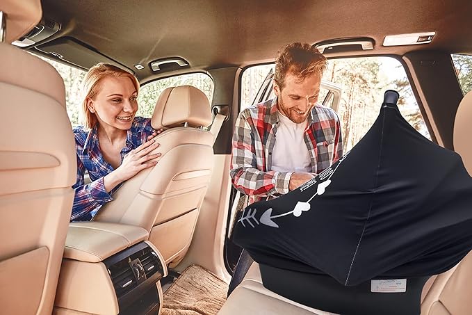 Car Seat Covers for Babies, Nursing Breastfeeding Cover Infant Carseat Canopy, Soft Stretchy Carrier Cover for Stroller High Chair Shopping Cart, Newborn Boy Girl Shower Gift - Stop No Touching Sign