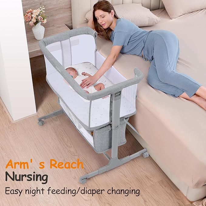 Ezebaby Bedside Bassinet for Baby, Portable Baby Bassinet Bedside Sleeper for Newborn Infants with Wheels Storage Basket, Adjustable 7 Heights and All Mesh Sides