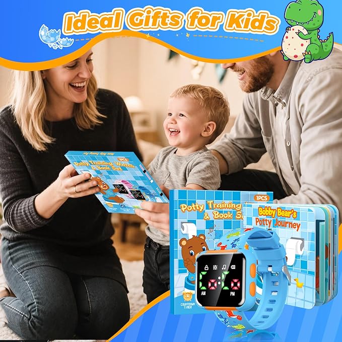 Potty Training Watch and Board Book for Kids: Water Resistant Potty Watches for Toddler Boys Rechargeable Toilet Reminder Dinosaur Toddler Watch 1-3 Birthday Gifts for 2 3 4 Year Old Boy (Blue)