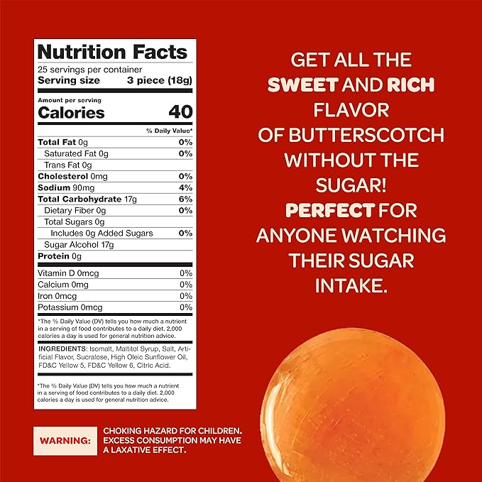 Sugar-Free Butterscotch Hard Candy - 1 Pound Pack (About 75 Count) - Individually Wrapped